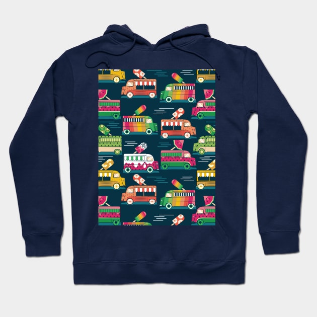 Frutalicious ice cream trucks // pattern // navy blue background multicolored fruit popsicles Hoodie by SelmaCardoso